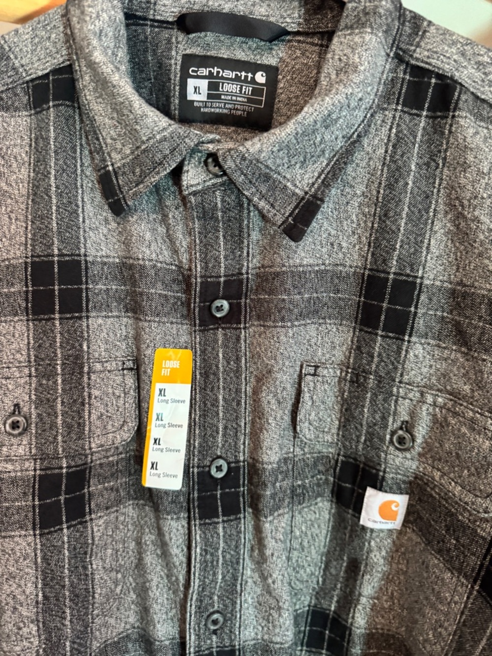 Carhartt Gray and Black Plaid Loose Fit Button-Up Shirt